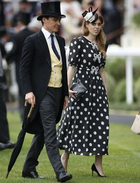 Princess Beatrice wore a Jaime crystal-bow polka-dot silk-crepe midi dress by Saloni, and her Jimmy Choo Romy pumps