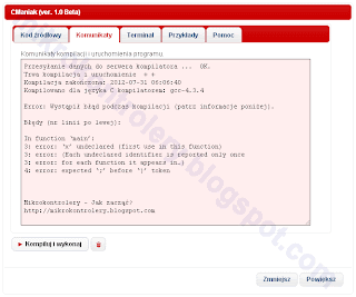 Kompilator CManiak - zakładka: Komunikaty - Błąd kompilacji lub wykonania programu.