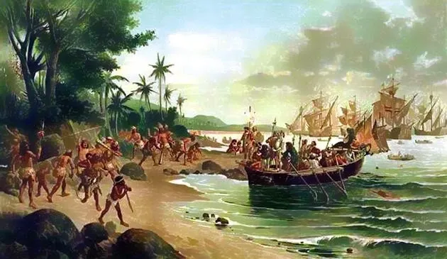 Pintura que retrata o desembarque de Pedro Álvares Cabral em Porto Seguro, em 1500.