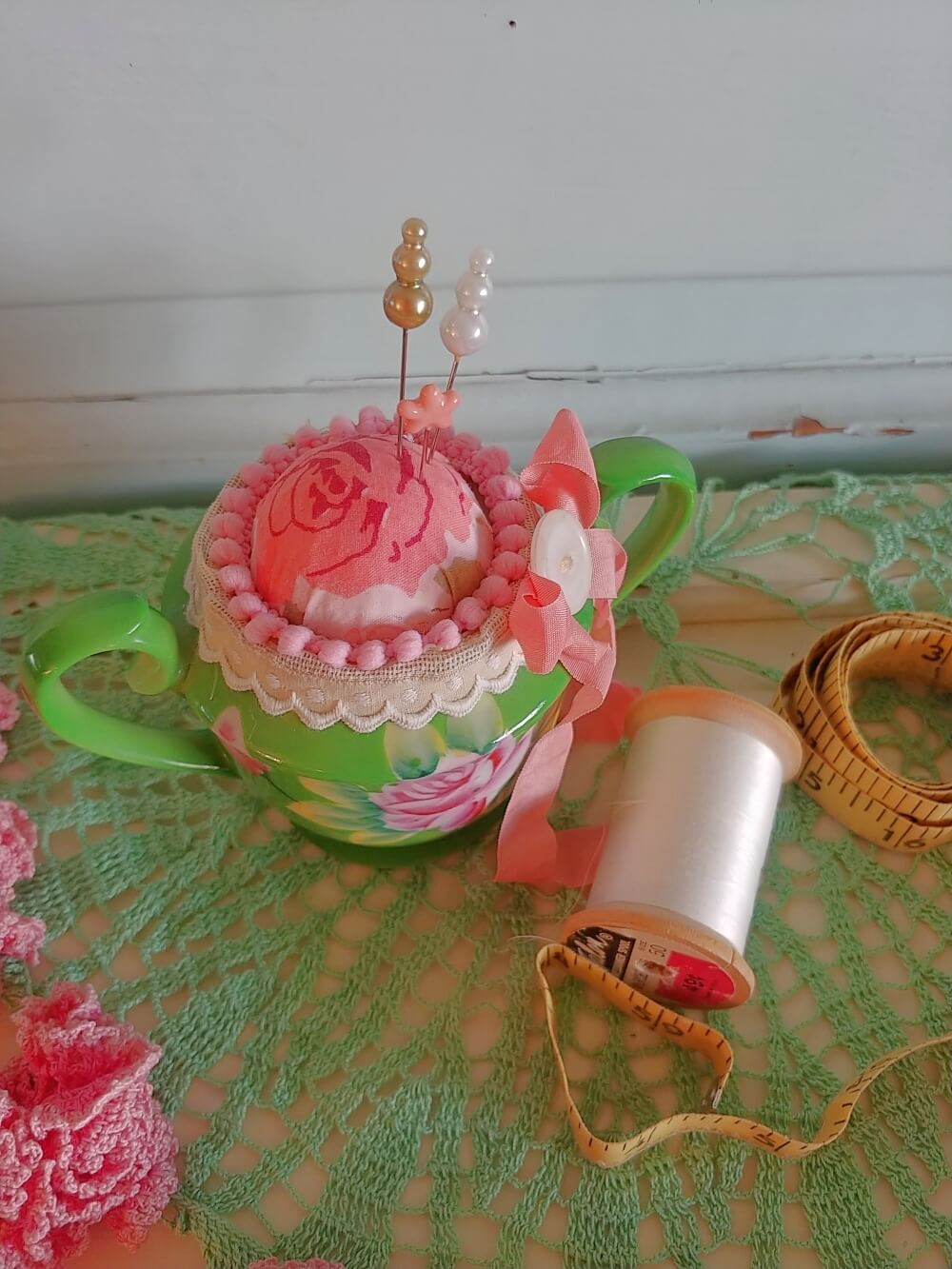 vintage sugar bowl pincushion