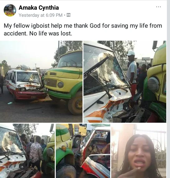 Photos: Passengers escape death as bus rams into truck in Anambra