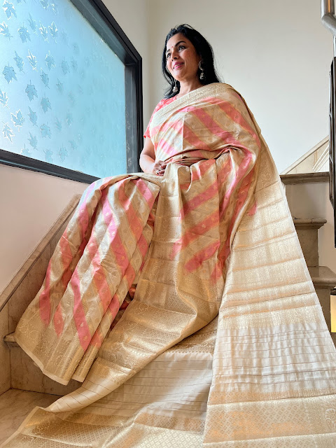 Banarasi saree in cream and pink color