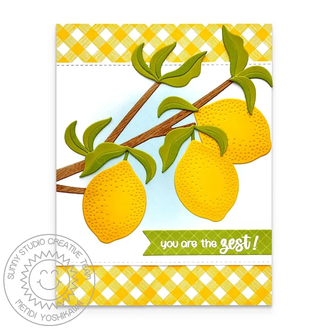 Sunny Studio You're The Zest Lemon Tree Branch Gingham Summer Card using Fresh Lemon Dies & Punny Fruit Greetings Stamps