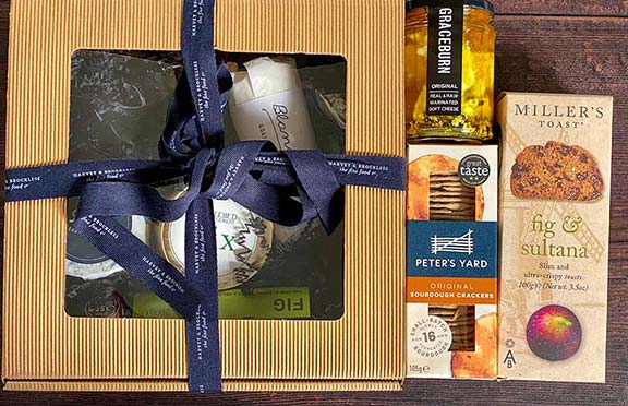 Harvey and Brockless artisan cheese hamper with biscuits and fig.