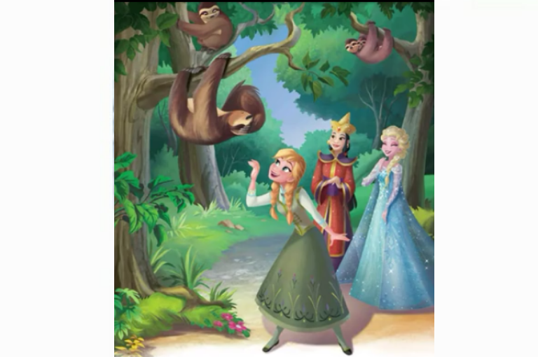 Elsa and Anna with Queen Colisa in the kingdom's rain forest, where are many  unique animals.