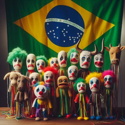 Rebanho de marionetes humanos, bovinos, de toda espécie. Manipulados por cordas. Uma bandeira de fundo. #PraCegoVer #ParaTodosVerem