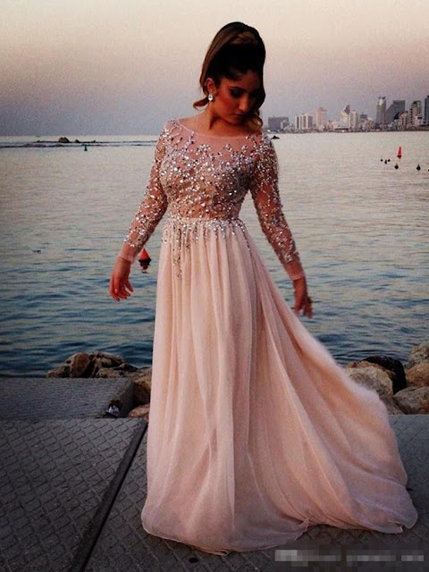  A-line Scoop Neck Chiffon Tulle Sweep Train Beading Prom Dresses 
