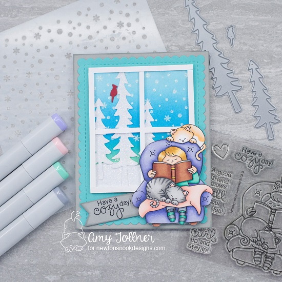 Have a cozy day by Amy features A Cozy Day, Forest Scene Builder, Petite Snow, Frames and Flags, and Land Borders; #newtonsnook, #cardmaking, #winter