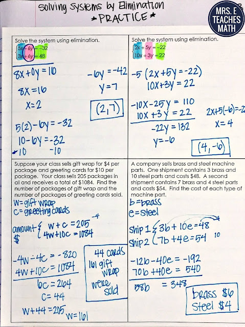 Solving Systems of Equations by Elimination Interactive Notebook Page