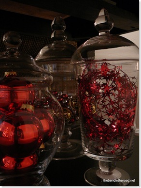 details on the Christmas jars - a leftover bell garland and a  foil garland and leftover red ornaments