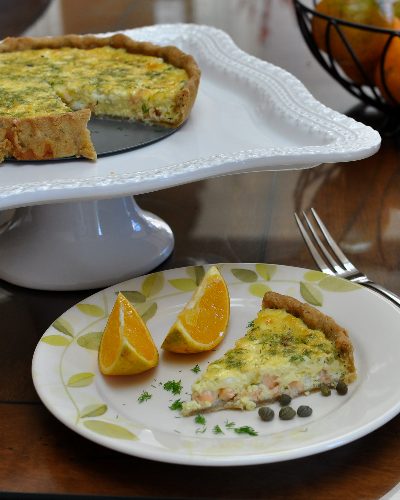 A slice of Smoked Salmon Quiche ♥ KitchenParade.com. Just a crust plus 20 minutes, perfect for brunch or a simple supper.