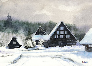 The Sirakawago in snow. Watercolor.　雪の白川郷。水彩で雪を描く課題です。