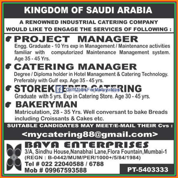 Catering company jobs for KSA