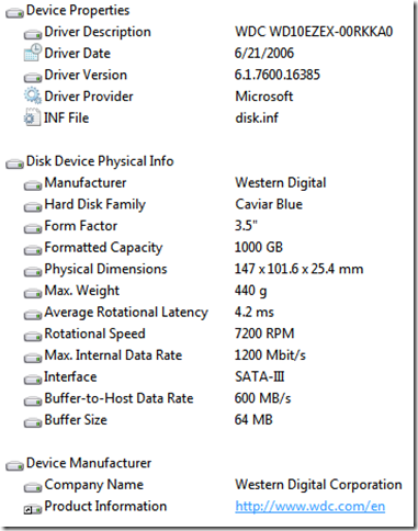 Properties of Western Digital Caviar Blue WD10EZEX