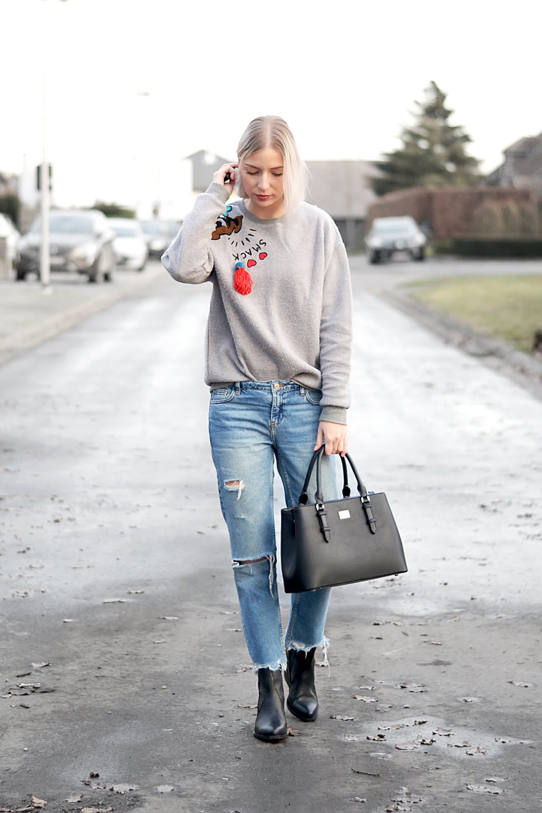 Beauty & bobs sweater, mickey mouse, marc b bag, bald. boots, mango ripped jeans