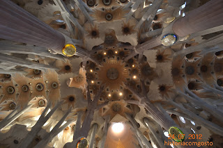 foto do teto com vários nicho de conchas em forma de colmeia de abelhas  trabahados a maneira Gaudí