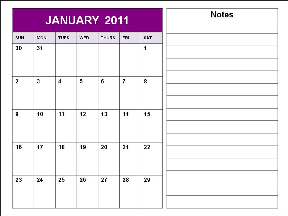 Homemade Blank Calendar 2011 January Printable Template