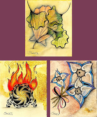 Tangle 365 Day 278 (Oct 5) Gingo with Inktober22 Day 4 Scallop (JP), Inktober22 Day 5 Flame (JP) and Molygon (SJ) - Ring of Fire, Inktober22 Day 6 Bouquet (JP) and Heartfully (SJ)