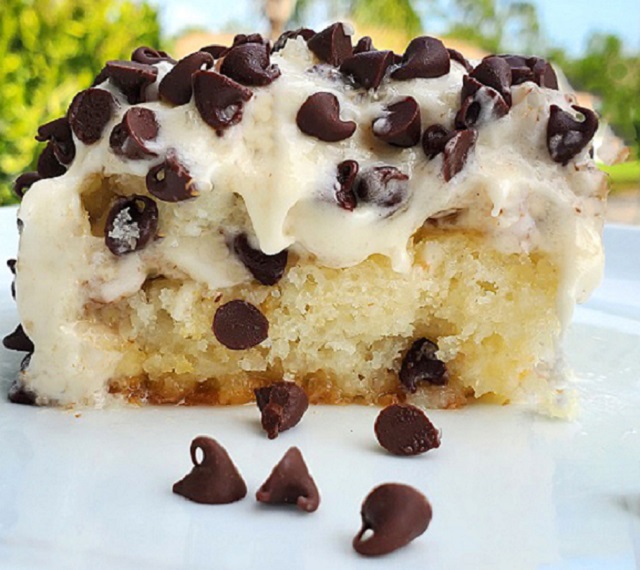 chocolate chip cake using a white cake mix frosted with mini chocolate chips