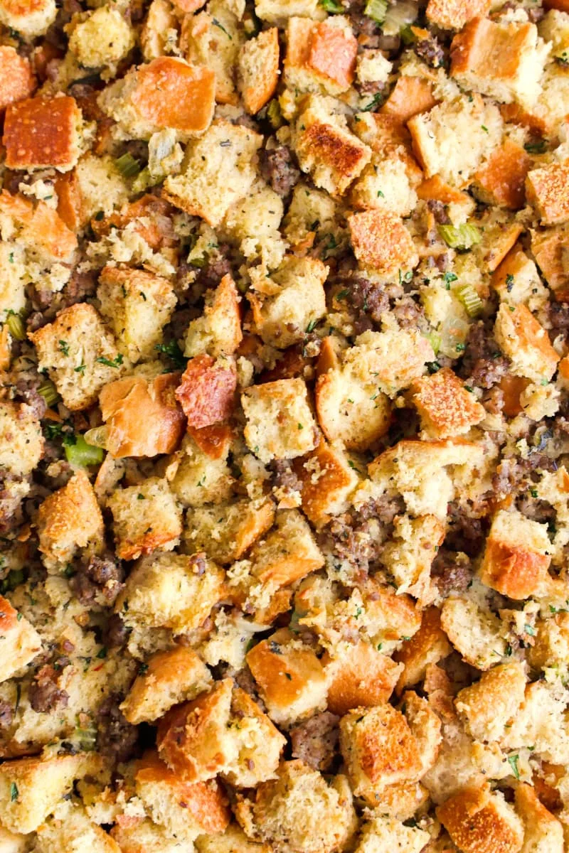 Top view closeup of Sage Sausage Stuffing.