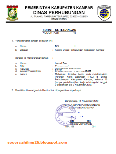 Contoh Format Surat Keterangan Telah Melaksanakan Pkl Magang Secercah Ilmu