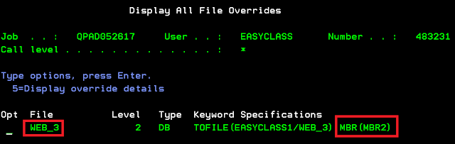 WRKJOB - File overrides option 15 in IBmi AS400