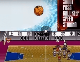 Shows animation style of basketball on the screen orange coloured in movie  style of blue coloured background with sports stat to the right in red colour below this see animation style of basketball game on the 16 Bit