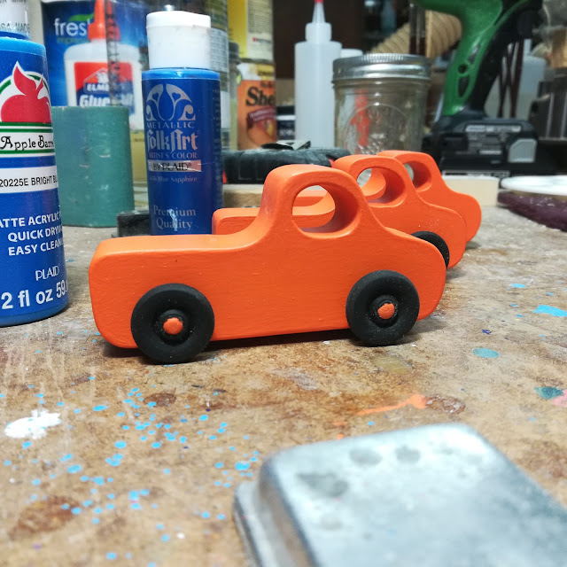 Handmade Wood Toy Toy Pickup Truck Pumpkin Orange Paint Finished