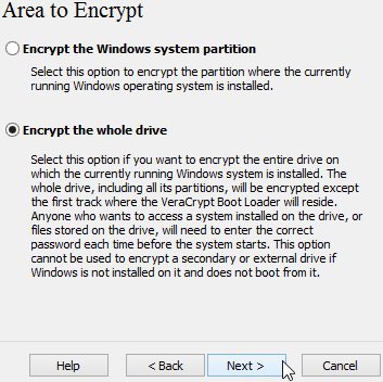 Assistant de création de volume VeraCrypt, domaine à chiffrer. Sélectionnez "Chiffrer le lecteur entier" et cliquez sur Suivant.