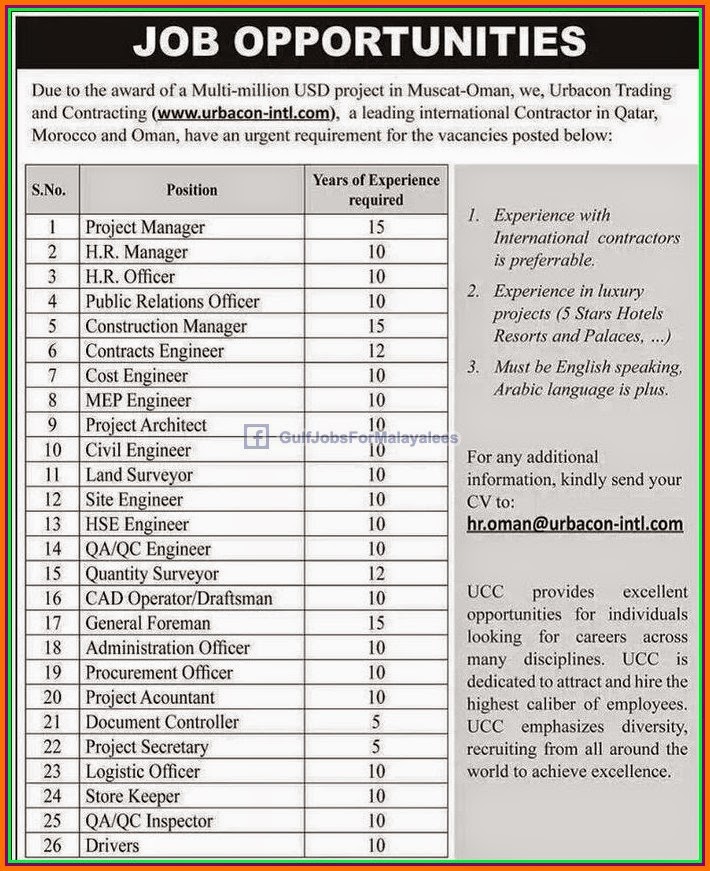 Multi million USD Project Jobs in Oman - Urbacon Trading