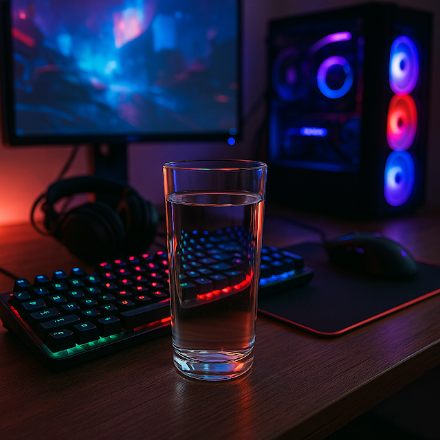 Hydration setup on a gamer’s desk with a tall glass of water and gaming gear to encourage a healthy start
