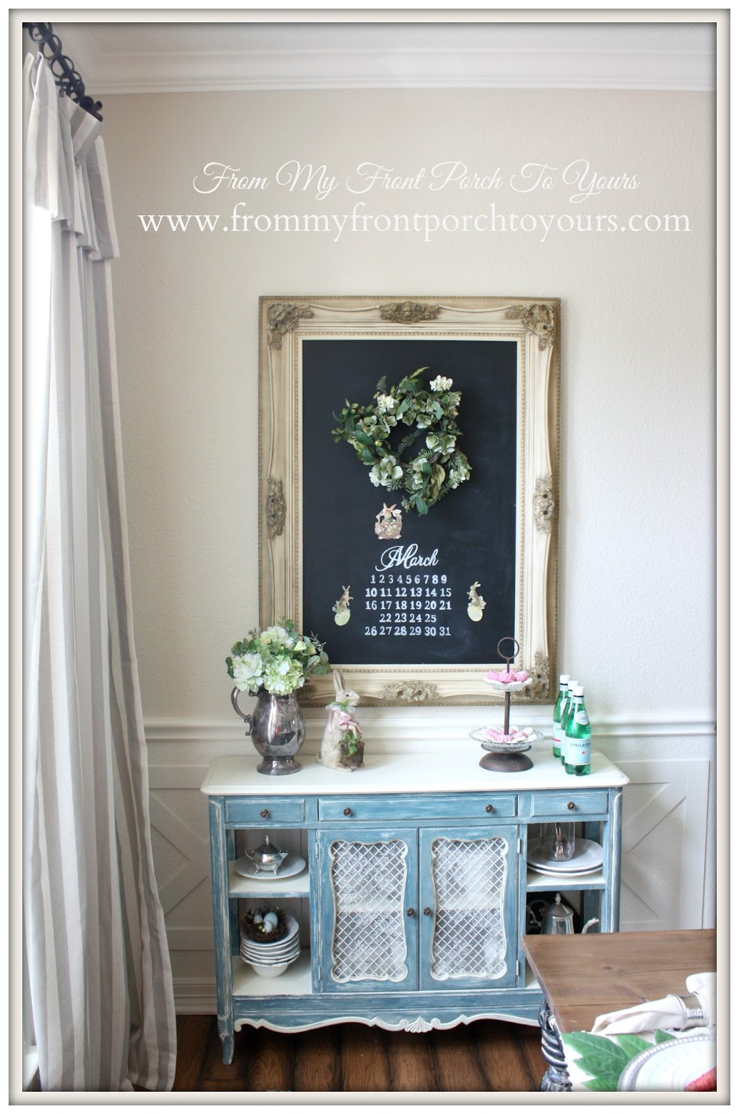 Spring Dining Room ChalkboardFrench Farmhouse Easter Dining Room-Vintage Side table- From My Front Porch To Yours