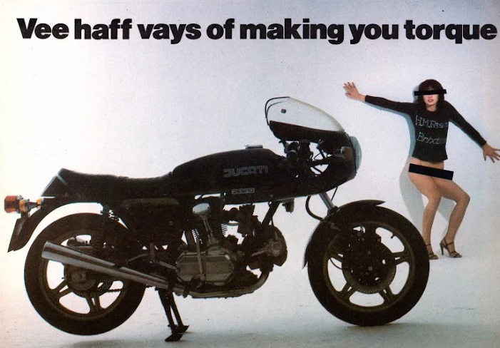 Things have taken a sinister turn up in the Discosphere... - 1978 Ducati Bevel 900SS Print Advertisement