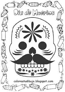 Calavera de azucar con bigote para colorear