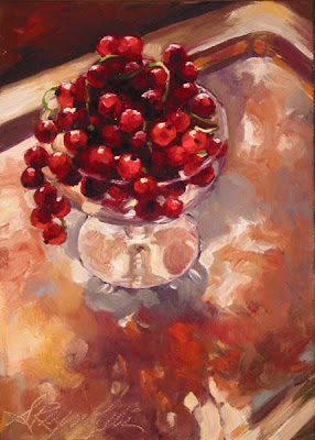 red currants on silver tray oil on canvas painting
