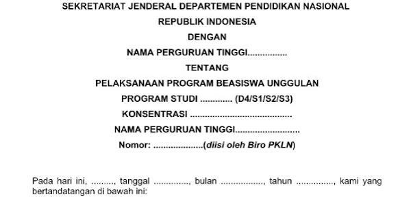 Contoh Surat Perjanjian Program Beasiswa Unggulan Program Studi Perguruan Tinggi