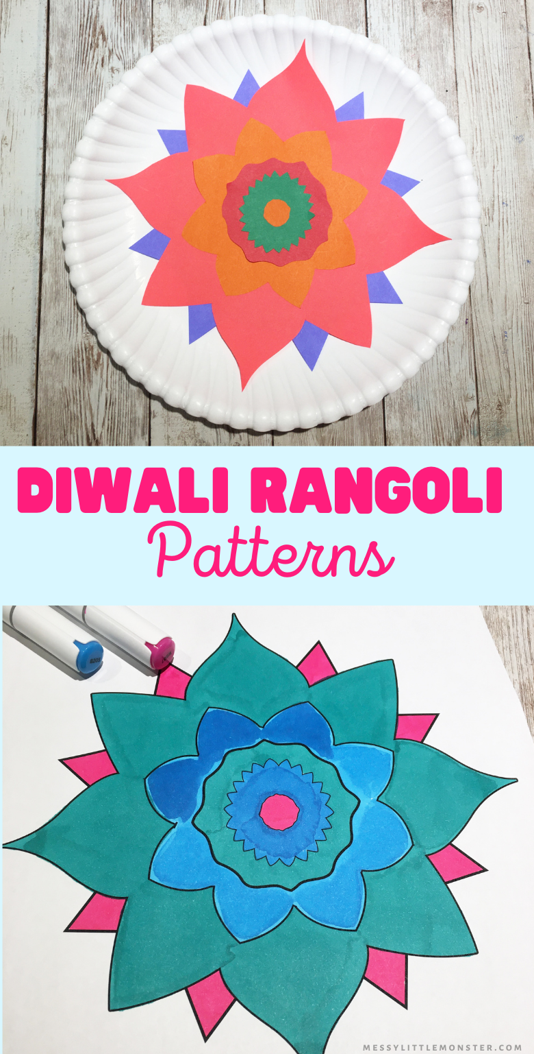 Diwali craft for kids. Kids rangoli patterns colouring page and template.