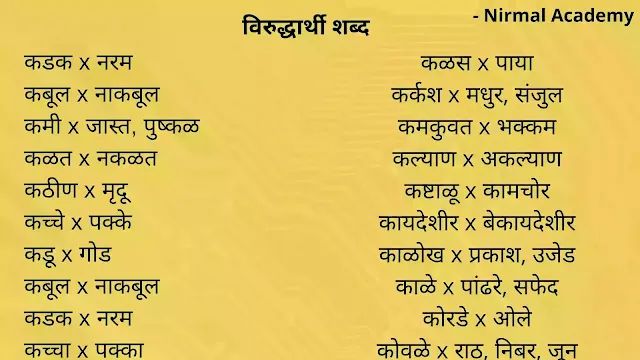 Virudharthi Shabd Marathi | विरुद्धार्थी शब्द मराठी