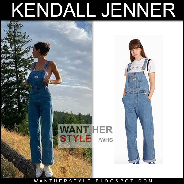 Kendall Jenner wearing Calvin Klein denim overalls.