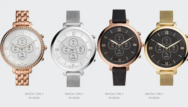 Image of 5 versions of Fossil women's smartwatch Monroe Hybrid HR