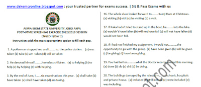 Samples of AKSU Post UTME Past Questions - ENCLISH