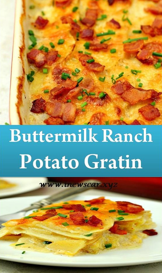 Creamy potato gratin casserole topped with gooey cheese and perfectly crispy bacon. Great side dish to any meat dish. 