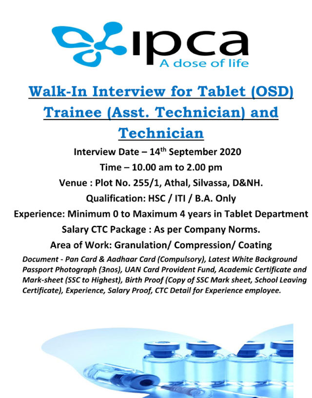 IPCA labs | Walk-in interview for Trainee/Technician in Tablet on 14 Sept 2020