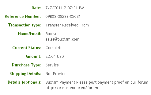 Pembayaran Pertama dari BUXism Juli 2011 - Paid