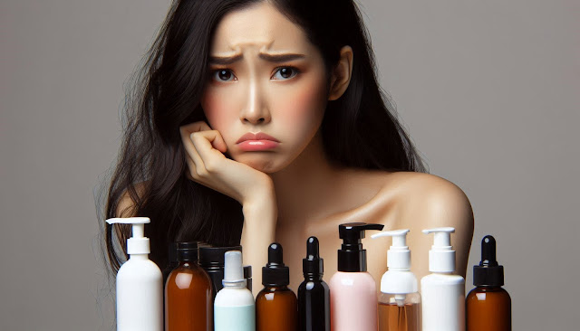 Seorang wanita sedang sedih dengan berbagai macam skincare berbahaya