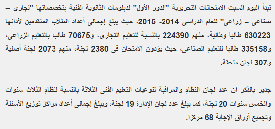 اخبار امتحانات الدبلومات الثانوية الفنية بتخصصاتها "تجارى – صناعى – زراعى