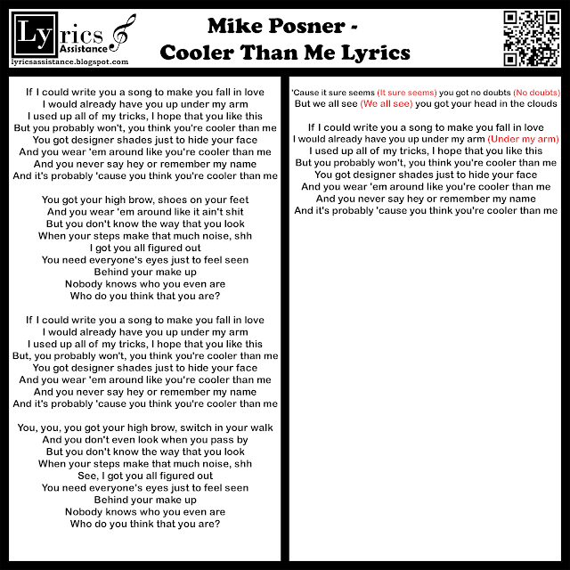 Mike Posner - Cooler Than Me Lyrics | lyricsassistance.blogspot.com