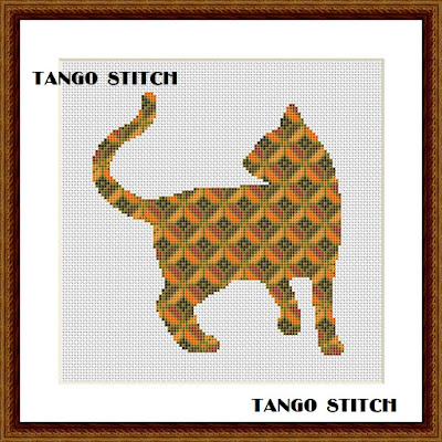 Cat embroidery 3D ornament silhouette simple cross stitch pattern - Tango Stitch