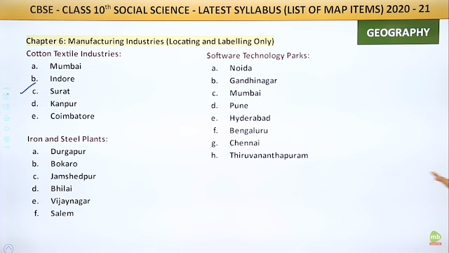 CBSE - Class 10th Social Science  - Latest Syllabus (List Of Map Items) 2020 - 2021