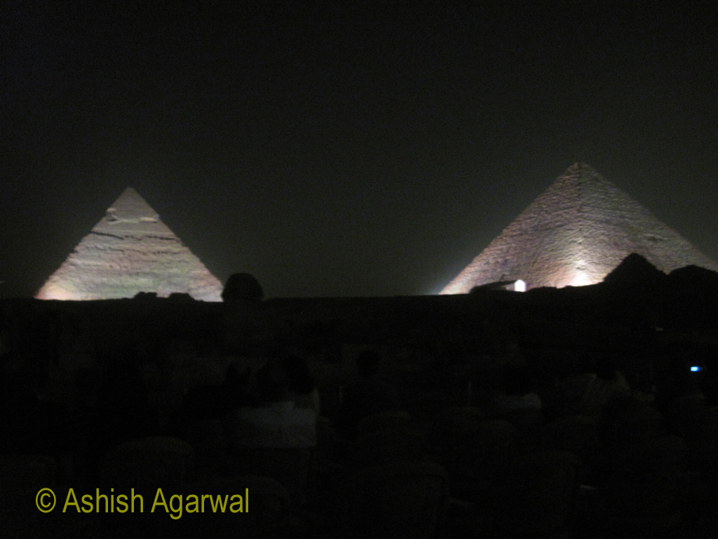 Two of the Great Pyramids, lighted at the same time, as a part of the Sound and Light show